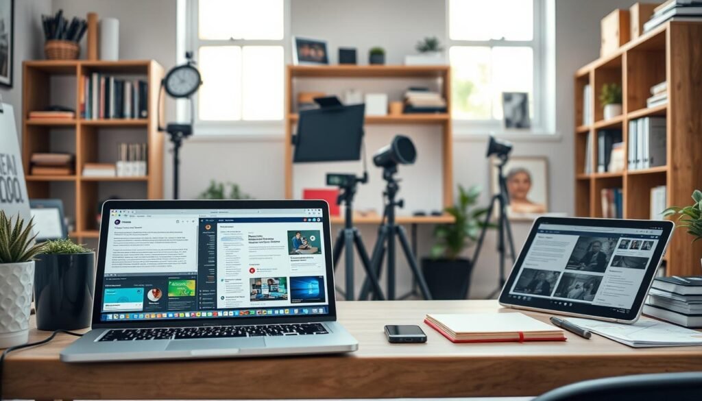 A well-lit office workspace showcasing an array of AI content creation tools. In the foreground, a sleek laptop and tablet display various software interfaces for writing, editing, and optimizing digital content. The middle ground features a professional-grade microphone, webcam, and lighting setup, suggesting a video production workflow. In the background, shelves hold reference books, notebooks, and other creative supplies, conveying a thoughtful, diligent approach to the craft of AI-assisted content creation. The overall scene radiates a sense of productivity, innovation, and the seamless integration of human creativity and cutting-edge technology.