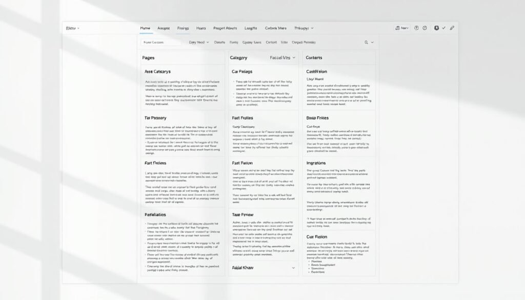 A well-organized WordPress site structure, with a clean, minimalist aesthetic. Overhead view of a grid-like layout, showcasing interconnected pages, categories, and content modules. Soft, natural lighting illuminates the design, with subtle shadows and depth. The overall atmosphere conveys a sense of efficiency and user-friendliness. faisalskhan