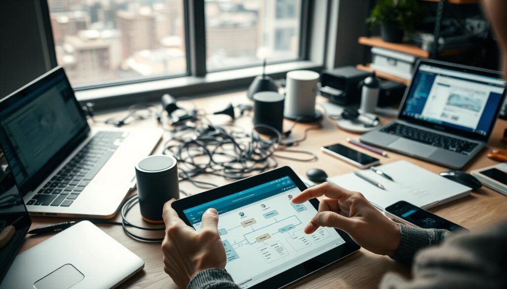 A workspace filled with various digital devices and automation tools, including laptops, smartphones, and a smart speaker. In the foreground, a person's hands are interacting with a tablet, manipulating a visual workflow diagram. The middle ground features a tangle of wires and cables, symbolizing the interconnectedness of digital systems. The background is slightly blurred, showcasing a window with a cityscape outside, hinting at the broader context of side hustles and entrepreneurship. The lighting is soft and warm, creating a contemplative atmosphere, as if the person is deeply engaged in the process of automating their side hustles.