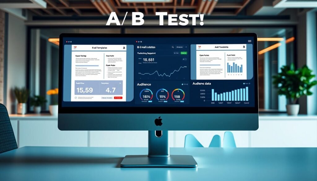 A/B testing in email marketing, a digital landscape of data-driven decisions. A computer monitor in the foreground displays side-by-side email templates, their performance metrics visible. In the middle ground, an analytics dashboard showcases open rates, click-through data, and audience segmentation. The background depicts a modern office environment, with clean lines, minimalist decor, and the faisalskhan brand logo subtly incorporated into the design. Warm, yet professional lighting casts a subtle glow, creating an atmosphere of analytical precision and marketing prowess.