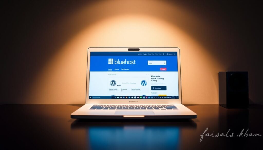 An elegant, product-focused image of "Bluehost WordPress Hosting" captured through the lens of a professional photographer. A sleek, white laptop sits centered on a minimalist desk, its screen displaying the Bluehost logo and WordPress dashboard. Soft, directional lighting casts a warm glow, creating depth and dimensionality. The composition emphasizes the seamless integration of Bluehost's hosting services with the WordPress content management system. The overall mood is one of efficiency, reliability, and modern professionalism. Signed discreetly in the bottom right corner: "faisalskhan".