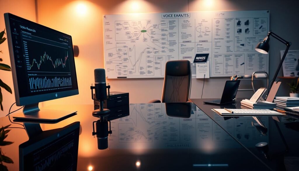 An intricately detailed view of the data analysis workflow for voice search keyword research. In the foreground, a sleek desktop computer displays charts and graphs, its screen reflected on the glossy black surface. On the desk, a professional-grade microphone stands ready, hinting at the importance of voice input. The middle ground features a sophisticated desk setup with a stylish lamp, an ergonomic chair, and neatly organized office supplies, all bathed in warm, directional lighting. In the background, a large whiteboard filled with mind maps, keyword clusters, and trend lines provides a glimpse into the strategic planning process. The overall atmosphere conveys a sense of focused productivity, with a touch of modern minimalism.
