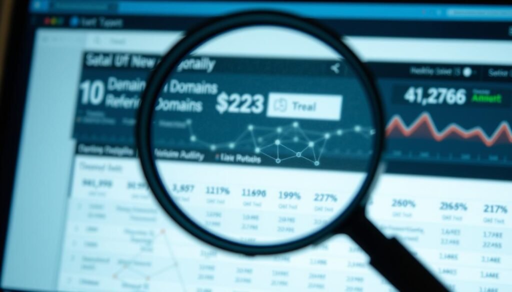 Backlink analysis: a detailed, data-driven exploration of a website's inbound link profile. Foreground: a magnifying glass hovering over a series of interconnected nodes and lines, representing the complex web of backlinks. Middle ground: a sleek, modern dashboard displaying key metrics like domain authority, referring domains, and link quality. Background: a subtle gradient or texture, conveying a sense of depth and professionalism. Lighting: soft, directional illumination creating subtle shadows and highlights. Lens: a slightly wide angle, capturing the full scope of the analysis. Mood: analytical, insightful, and visually captivating, reflecting the power of backlink data to drive strategic SEO decisions.