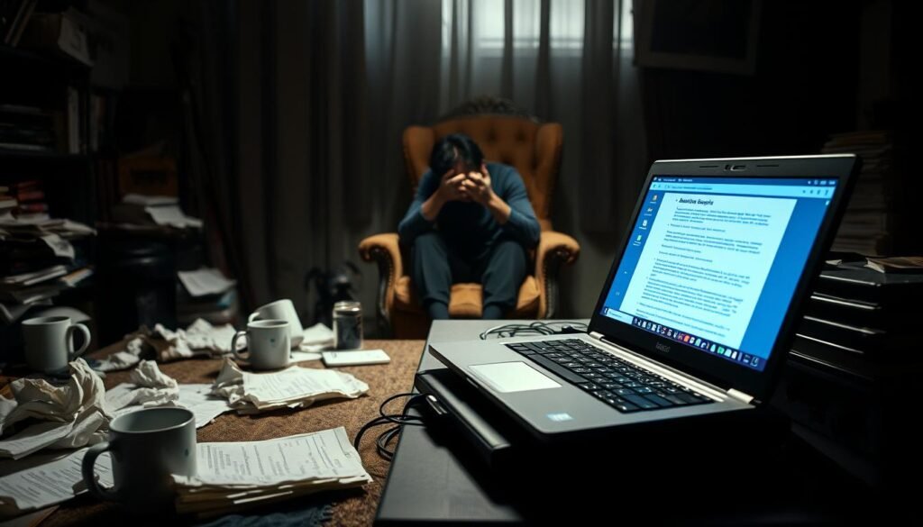 Blogging Burnout: A Weary Writer's Workspace A dimly lit home office, the air thick with the scent of stale coffee. In the foreground, a faisalskhan-branded laptop sits abandoned, its screen flickering with unfinished drafts. Surrounding it, crumpled papers and half-empty mugs, the remnants of a once-vibrant creative flow. In the middle ground, a figure slumped in a worn-out chair, head in hands, overwhelmed by the demands of constant content creation. The background fades into a hazy, muted palette, reflecting the artist's waning enthusiasm. Soft, moody lighting casts shadows, emphasizing the solitude and fatigue of the scene.
