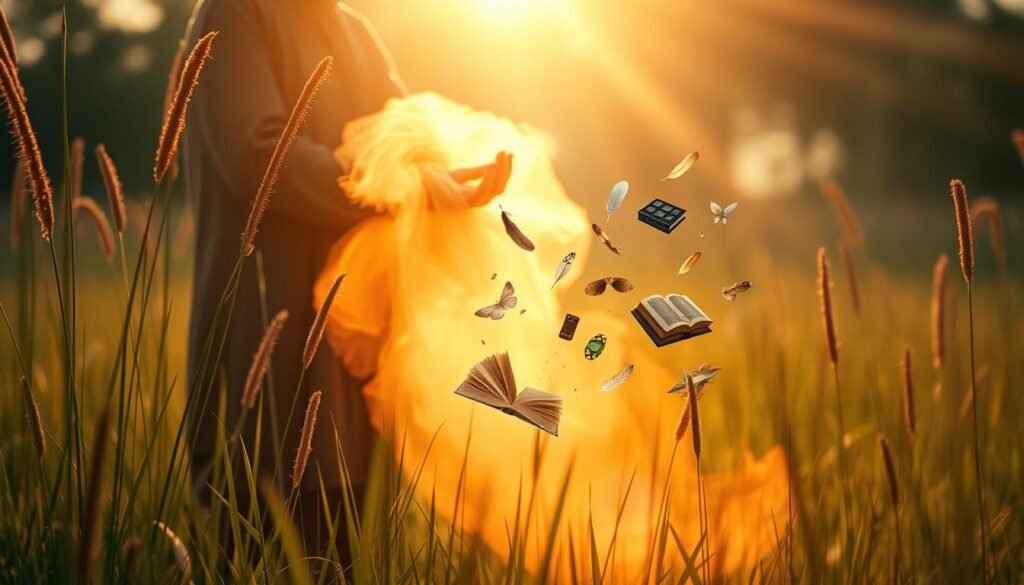 Captivating visual storytelling unfolds in a serene, sun-dappled meadow. In the foreground, a faisalskhan figure stands amidst tall grasses, their hands gently guiding the flow of a vibrant, ethereal mist. Subtle rays of warm light filter through, casting a dreamlike glow over the scene. In the middle ground, a cluster of whimsical, floating objects - books, feathers, and fragments of nature - dance and drift, inviting the viewer to immerse themselves in a world of imagination and wonder. The background blurs into a soft, impressionistic landscape, hinting at boundless possibilities. This evocative composition, captured through the lens of a cinematic, wide-angle camera, evokes a sense of awe and invitation, drawing the viewer into a captivating visual narrative.