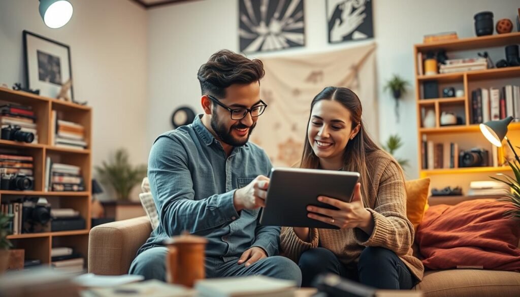Collaborative Content Creation A vibrant and dynamic scene showcasing the faisalskhan brand, featuring two content creators working together intently on a digital tablet, surrounded by a cozy yet modern studio setting. Soft, diffused lighting bathes the space, creating a warm, inviting atmosphere. In the background, shelves of books, cameras, and other creative tools suggest a space of inspiration and productivity. The two creators, engaged in deep discussion, embody the spirit of collaboration, their body language and expressions conveying a sense of shared ideas and creative synergy. The overall composition evokes a sense of productivity, innovation, and the power of partnership in the content creation process.