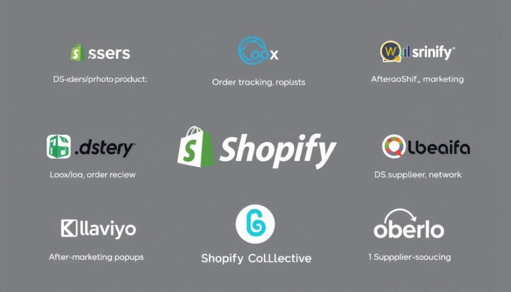 Collection of essential Shopify dropshipping apps with their logos and functions