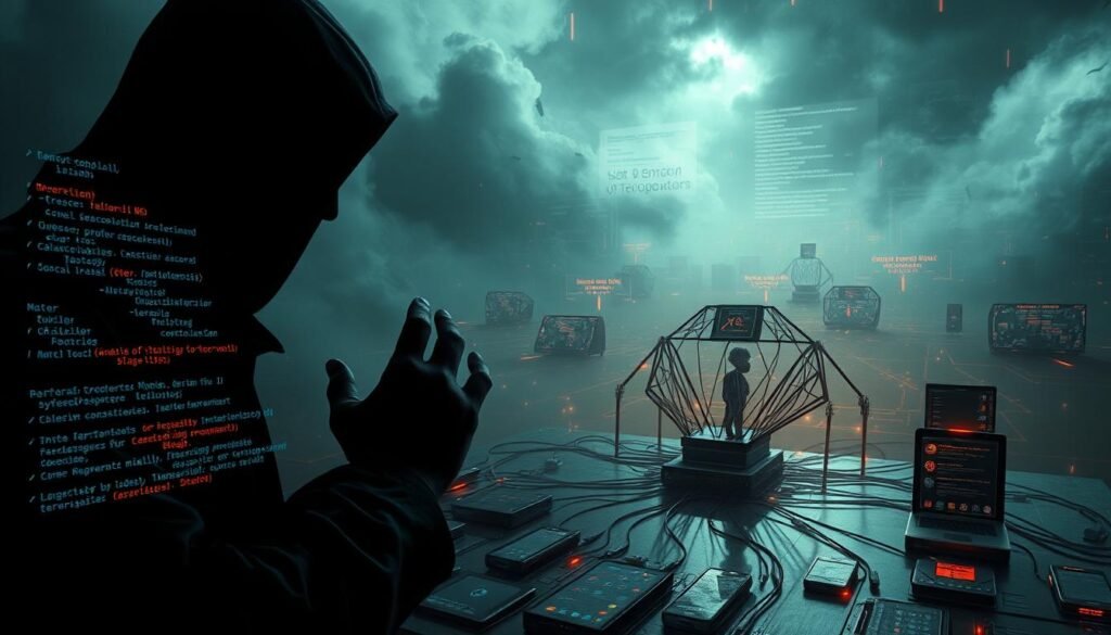 Dramatic digital landscape depicting the risks and challenges of Telegram bots. In the foreground, a shadowy figure manipulating a Telegram bot interface, with ominous code fragments and system warnings projected onto the surface. In the middle ground, an array of devices connected to the bot, each emanating a sense of vulnerability and potential for exploitation. The background is shrouded in a gloomy, dystopian atmosphere, with glitching and corrupted data streams swirling ominously. Rendered in a cyberpunk-inspired style with a faisalskhan aesthetic.