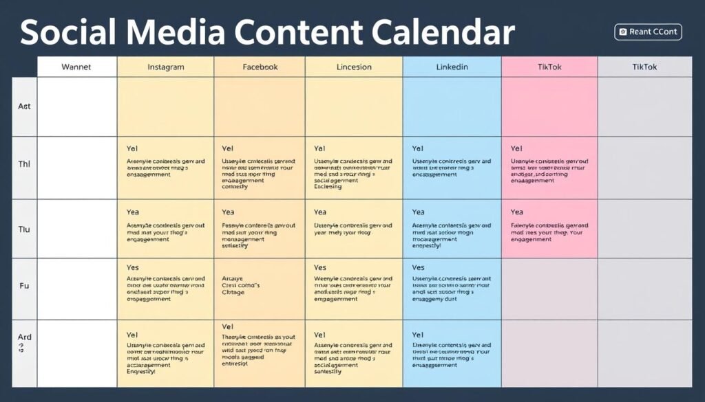 Example of a social media content calendar with different post types color coded across