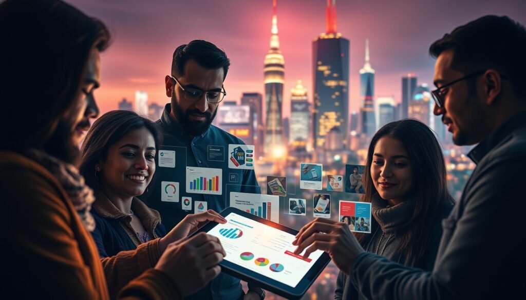 Faisalskhan visual content marketing A captivating visual composition showcasing the power of content marketing. In the foreground, a group of diverse individuals deeply engaged with a visually stunning digital presentation, their faces lit by the soft glow of a tablet screen. The middle ground features an array of creative assets - infographics, product shots, and vibrant social media graphics. In the background, a dynamic cityscape with towering skyscrapers and a vibrant, neon-lit skyline, representing the modern, fast-paced world of digital marketing. Warm, diffused lighting casts a subtle, cinematic atmosphere, highlighting the collaborative, innovative nature of effective visual content marketing.