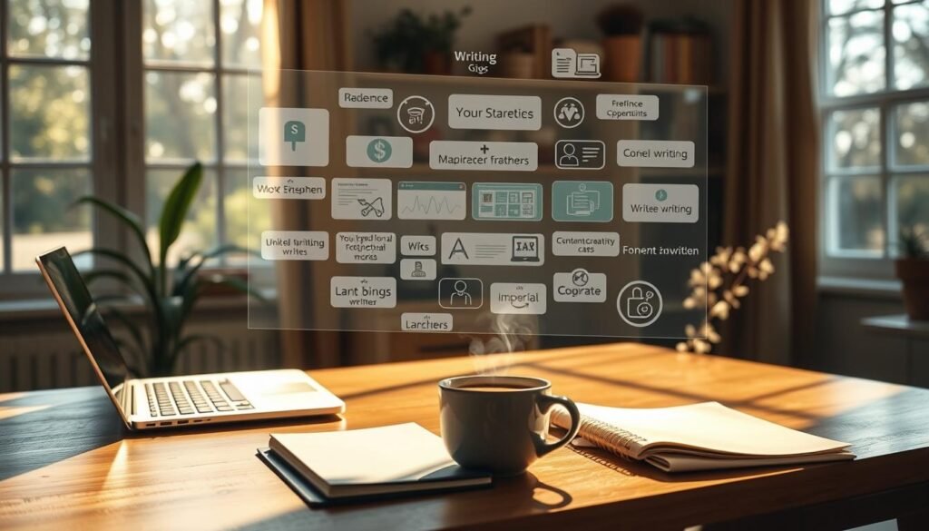 Freelance writing opportunities: a cozy home office, sunlight streaming through the window, a laptop and notebook on a wooden desk, a cup of coffee steaming beside them. faisalskhan A floating holographic display showcases various writing gigs, freelance platforms, and content creation opportunities, inviting the viewer to explore this flexible, creative path to earning extra cash. The atmosphere is serene, inspiring, and bursting with potential for the enterprising writer. Freelance writing opportunities: a cozy home office, sunlight streaming through the window, a laptop and notebook on a wooden desk, a cup of coffee steaming beside them. faisalskhan A floating holographic display showcases various writing gigs, freelance platforms, and content creation opportunities, inviting the viewer to explore this flexible, creative path to earning extra cash. The atmosphere is serene, inspiring, and bursting with potential for the enterprising writer.