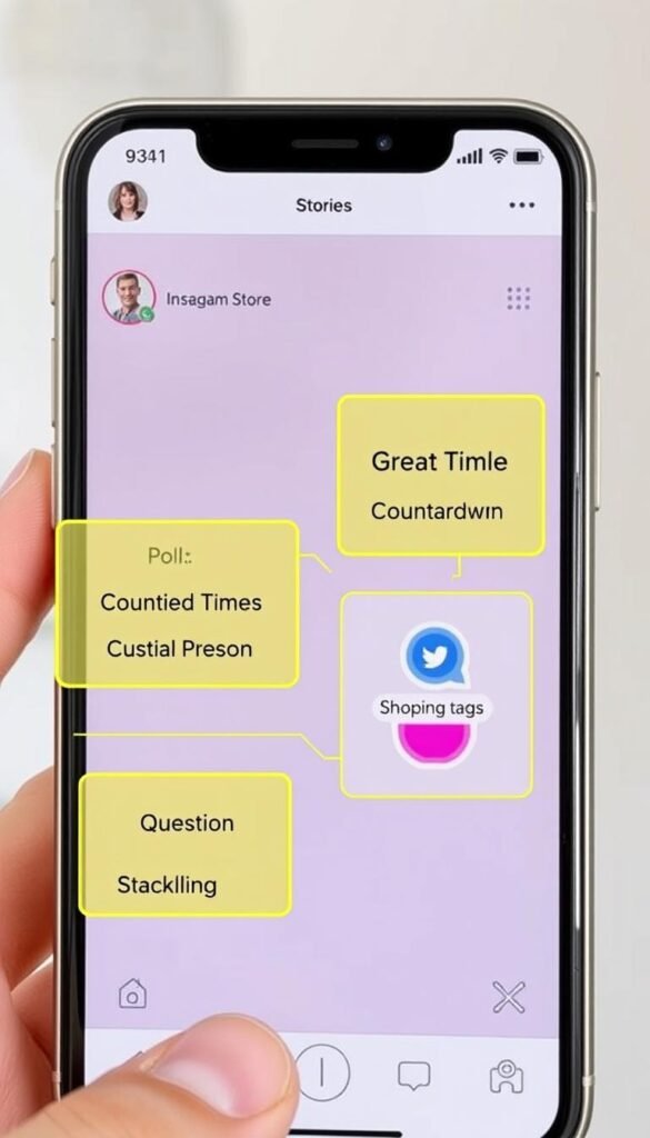 Instagram Stories features showcasing interactive elements like polls, quizzes, and questions stickers