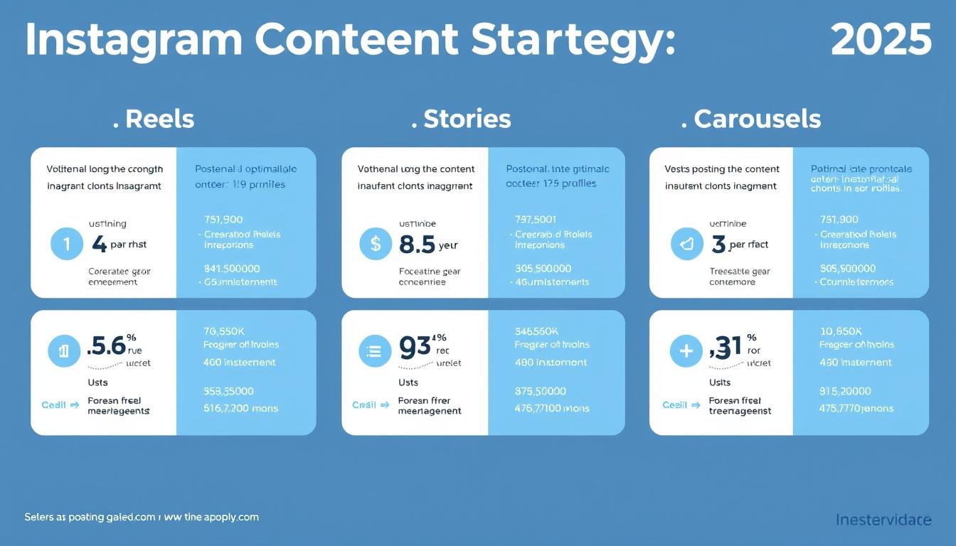 Instagram content strategy overview showing Reels, Stories, and Carousels performance metrics for 2025