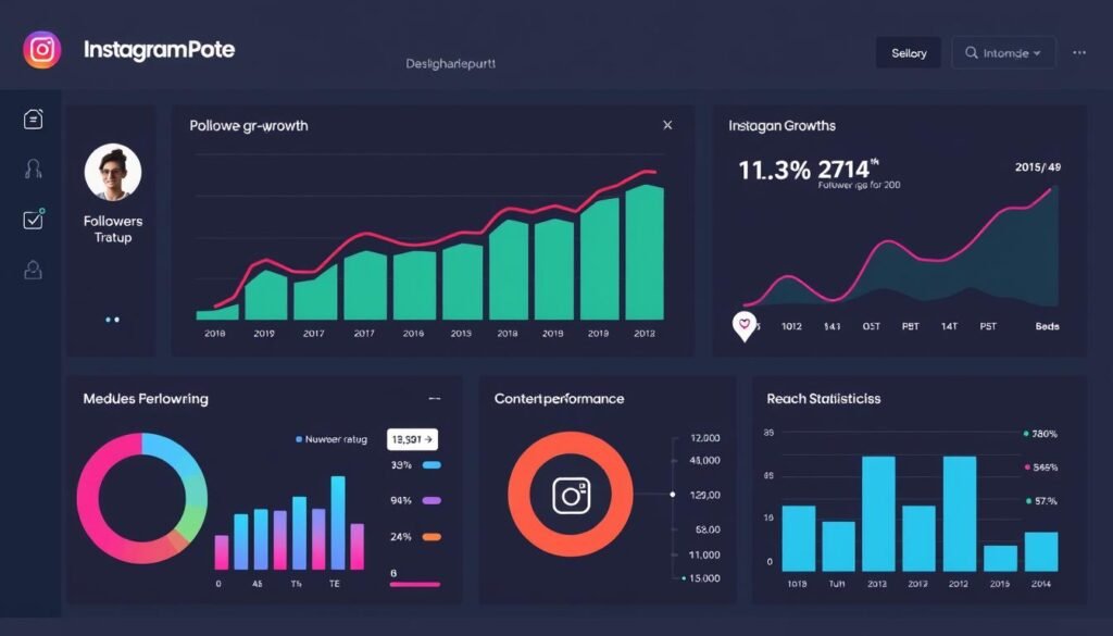 Instagram growth metrics dashboard showing follower growth, engagement rate, and reach statistics