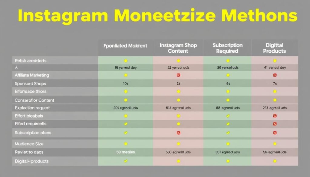Instagram monetization methods comparison showing revenue potential for different strategies