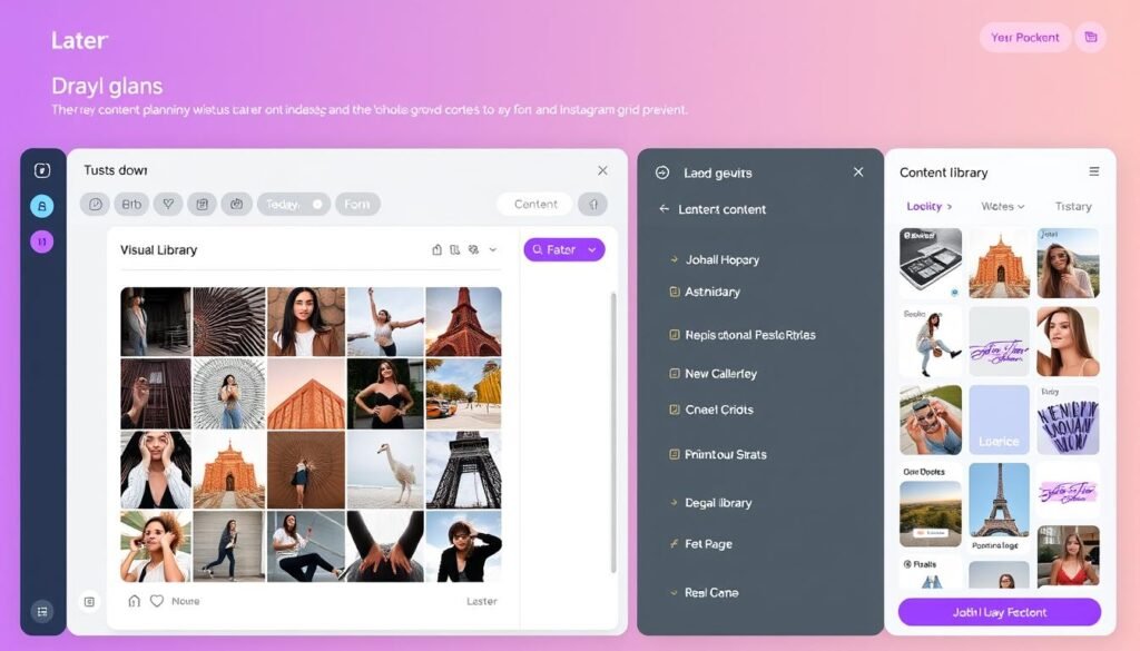 Later's 2025 visual planning interface showing Instagram grid preview and scheduling calendar
