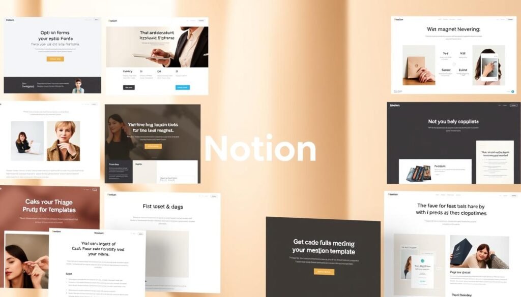 Notion templates for lead magnets, presented in a clean, minimalist style. A collection of editable Notion pages showcasing various lead magnet designs - opt-in forms, checklists, ebooks, and more. Warm, neutral lighting illuminates the templates' elegant layouts and intuitive user interfaces. The composition features a central focal point highlighting the key lead magnet types, with the background softly blurred to draw the eye. An overall professional, authoritative tone conveying the power of Notion to craft impactful lead magnets quickly and efficiently.