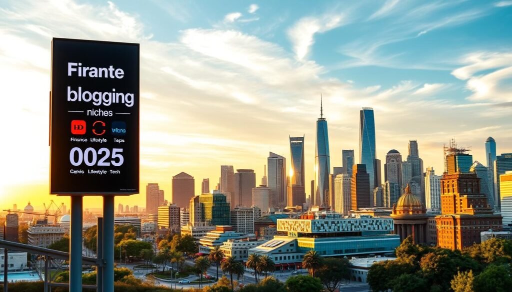 Profitable blogging niches 2025: A vibrant cityscape at dawn, bustling with activity. In the foreground, a digital billboard displays the latest trends and high-growth blog topics - finance, health, lifestyle, and tech. The middle ground features a diverse array of modern office buildings and coworking spaces, symbolizing the thriving entrepreneurial ecosystem. In the background, a futuristic skyline with towering skyscrapers and gleaming glass facades sets the scene for a world of opportunity. Warm, golden light filters through wispy clouds, creating an atmosphere of optimism and promise. The entire scene conveys the idea of untapped potential and the excitement of carving out a successful blogging niche in the coming years.