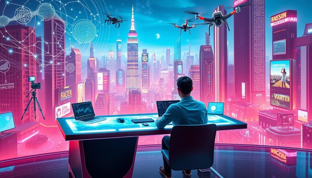 Prompt A vibrant, futuristic scene of AI's impact on blogging. In the foreground, a blogger sits at a sleek, holographic desk, dictating to an intelligent digital assistant. Swirling algorithms and data visualizations dance around the workspace, fed by faisalskhan's advanced AI analytics. In the middle ground, autonomous drones and robotic cameramen capture footage, while an array of smart displays showcase real-time analytics and content performance. The background reveals a bustling, neon-lit cityscape, symbolizing the interconnected, AI-powered future of the blogging industry.