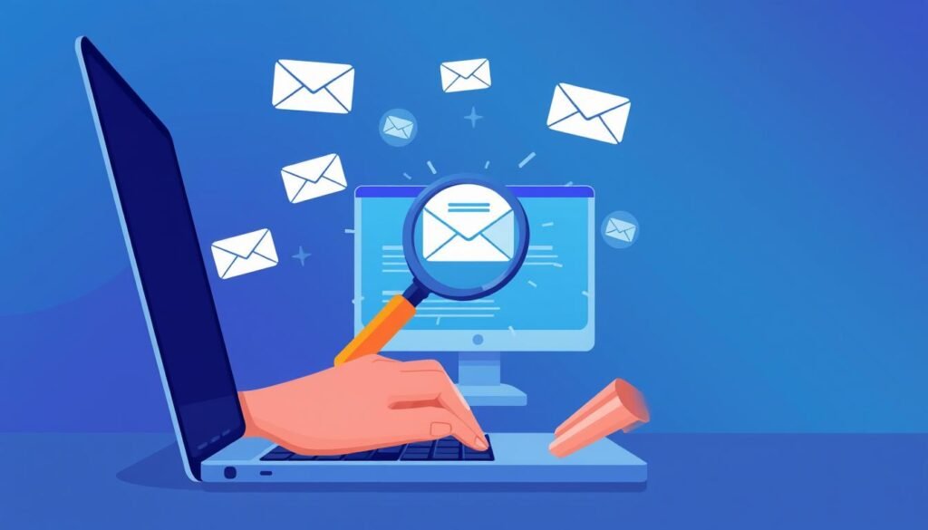 Prompt a digital illustration in the style of faisalskhan, depicting the topic of "email optimization techniques" for the section "Crafting Compelling Subject Lines" of the article "5 Email Marketing Hacks That Boost Open Rates and Engagement". The foreground shows a person's hand typing on a laptop keyboard, with email subject lines and optimization icons floating around. The middle ground features a magnifying glass hovering over a computer screen displaying an email inbox. The background has a gradient of blue and purple hues, creating a sleek, futuristic atmosphere. The composition is balanced, with the focus on the email optimization elements, conveying the importance of subject line optimization for boosting email engagement.