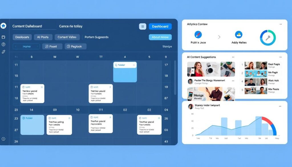 Publer's 2025 dashboard showing multi-platform scheduling and AI content creation features