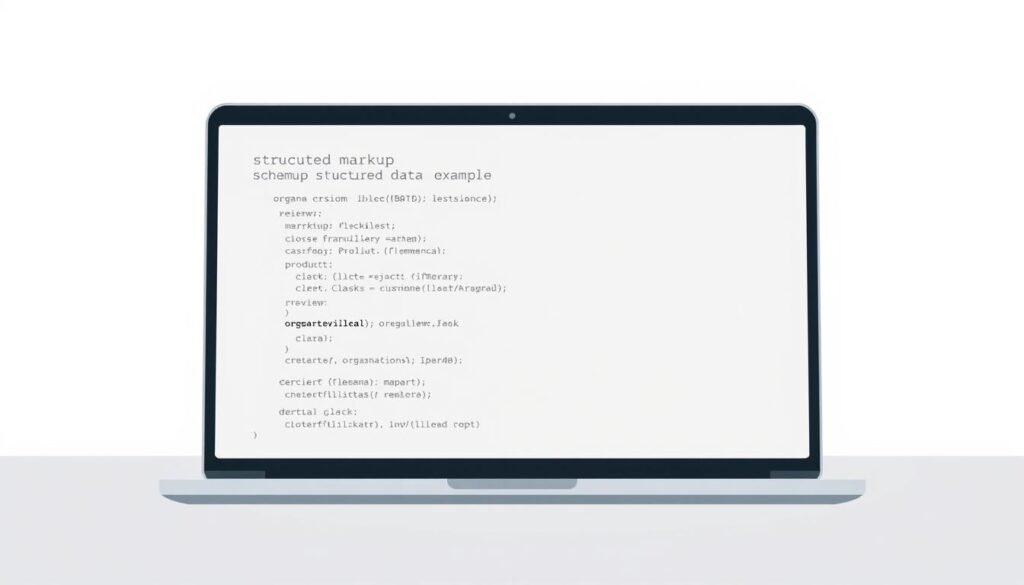 Schema Markup Example A minimalist, clean-lined illustration showcasing a comprehensive schema markup example. In the foreground, a laptop screen displays structured data code in a sleek, monospaced font, with key elements like organization, product, and review markup clearly visible. The middle ground features faisalskhan's signature logo, subtly integrated into the design. The background is a soft, gradient-based color palette, creating a sense of depth and emphasis on the central schema markup display. Bright, even lighting illuminates the scene, giving it a professional, technical feel. The overall composition is well-balanced, directing the viewer's attention to the schema markup details.