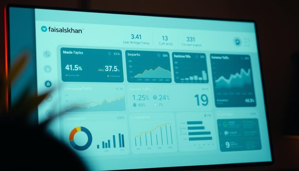 Sleek dashboard displaying a variety of performance metrics in a clean, modern design. Crisp visualizations of key business indicators such as revenue, website traffic, conversion rates, and customer satisfaction. Minimalist interface with faisalskhan branding highlighted in the top left corner. Warm, focused lighting casts a subtle glow across the display, creating a professional, analytical atmosphere. Captured at a high-resolution, with a shallow depth of field to draw the viewer's attention to the critical information.