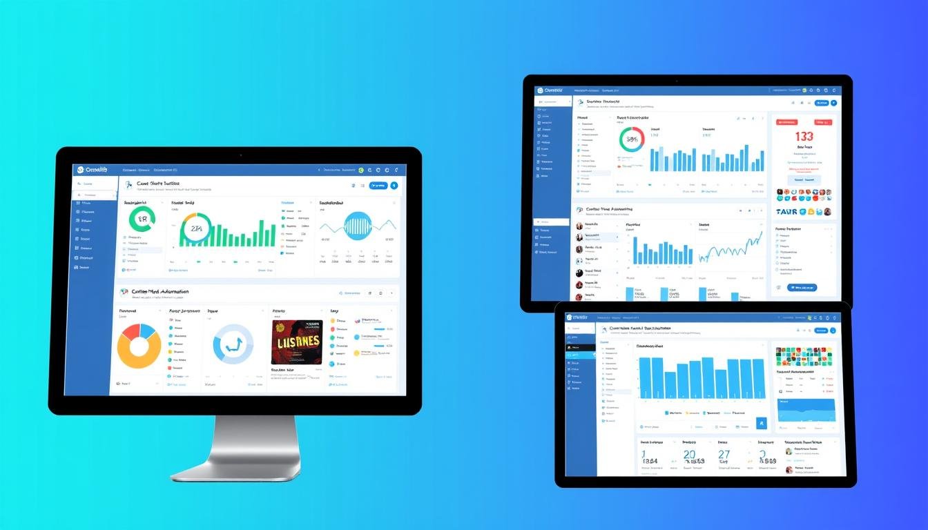 Social media automation tools comparison showing multiple platform dashboards with scheduling calendars and analytics