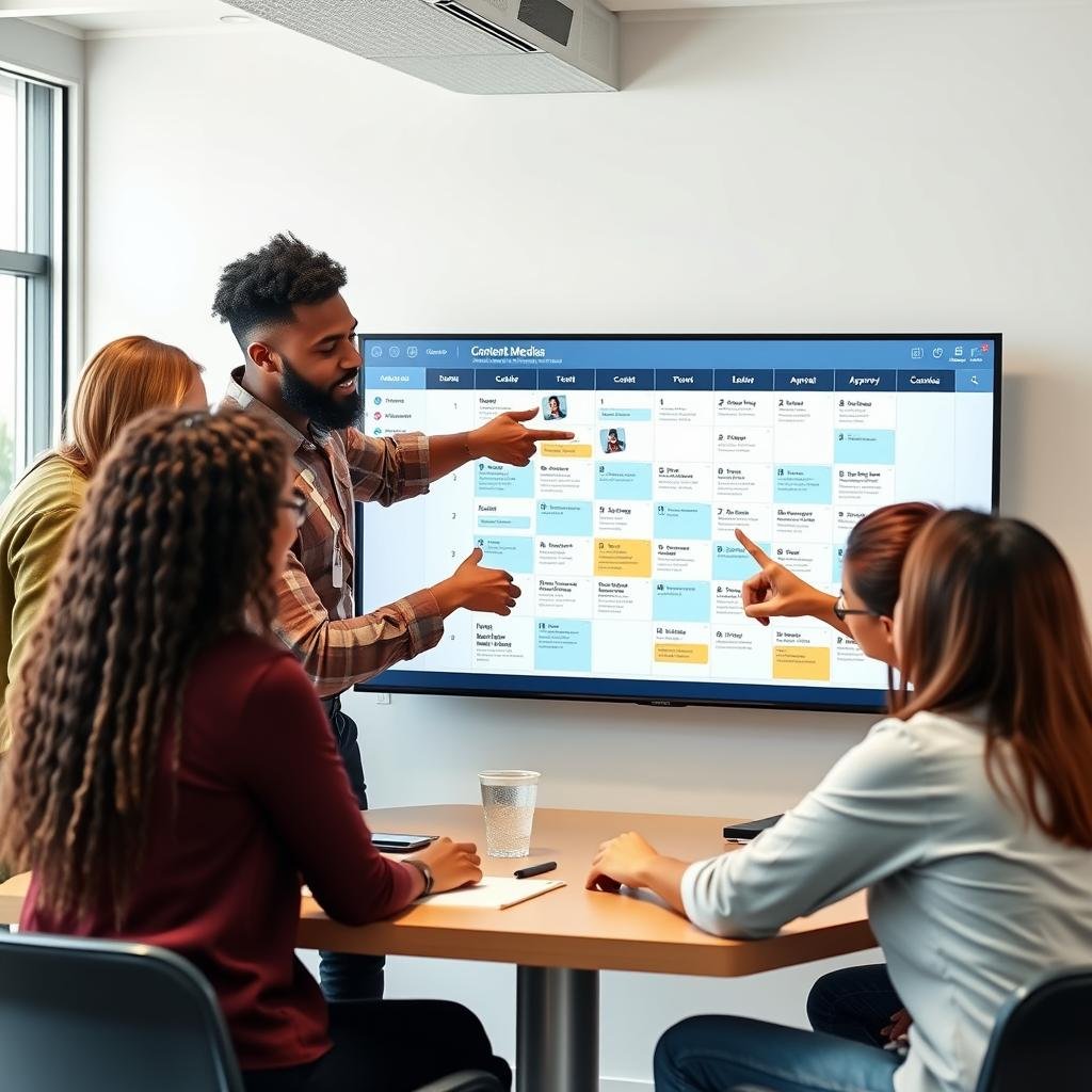 Team collaborating on social media content calendar