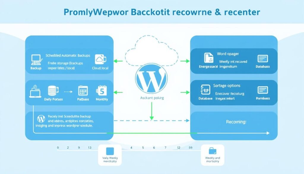 WordPress backup and recovery workflow diagram showing automated and manual backup options