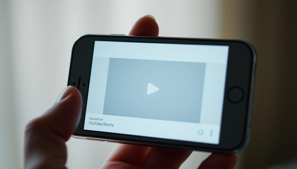 a YouTube Shorts video frame with a close-up view of a smartphone screen, displaying a minimalist user interface with a large video player, simple video controls, and a clean, uncluttered design. The screen is illuminated by soft, diffused lighting, creating a warm and inviting atmosphere. The smartphone is held in a hand, with the user's fingers visible at the edges of the frame, suggesting an intimate, personal connection with the device. The background is slightly blurred, with a faint gradient or subtle pattern, allowing the smartphone screen to be the focal point. The overall composition should convey a sense of simplicity, focus, and the immersive experience of watching YouTube Shorts content. The image should be branded with "faisalskhan".