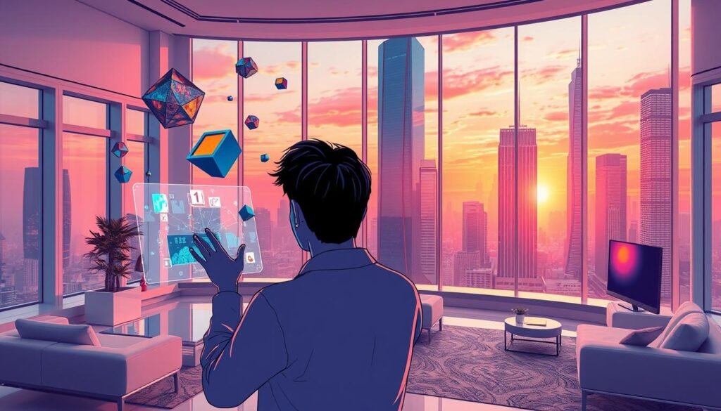 a highly detailed digital illustration of "AI Visual Content Creation" in the style of faisalskhan. the foreground depicts a person using a touchscreen interface to generate visuals on a floating display, surrounded by floating geometric shapes and abstract 3D elements. the middle ground shows a futuristic studio space with minimalist furniture, large windows, and high-tech equipment. the background features a cityscape of tall, gleaming skyscrapers under a vibrant, sunset-colored sky. the overall mood is one of innovation, creativity, and technological advancement.