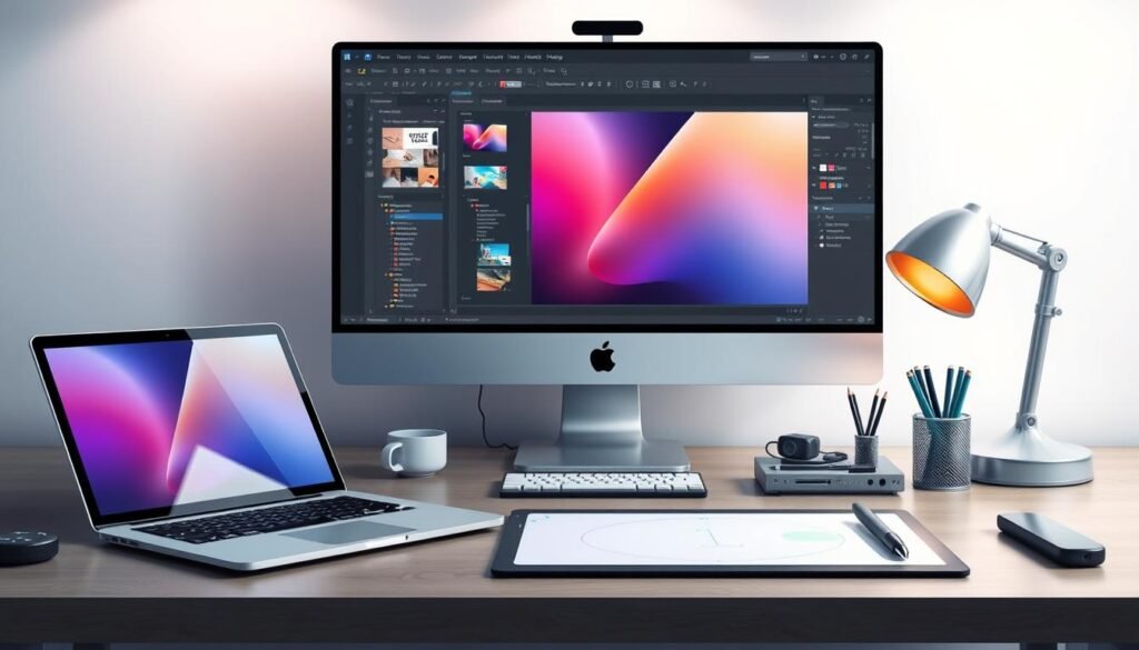 a highly detailed, hyper-realistic digital illustration of a workspace with various digital product creation tools, including a modern laptop, a drawing tablet, a stylus, and a color-corrected computer monitor displaying design software, set against a clean, minimalist background with subtle lighting from above, capturing the tools and technology used in the process of creating digital products