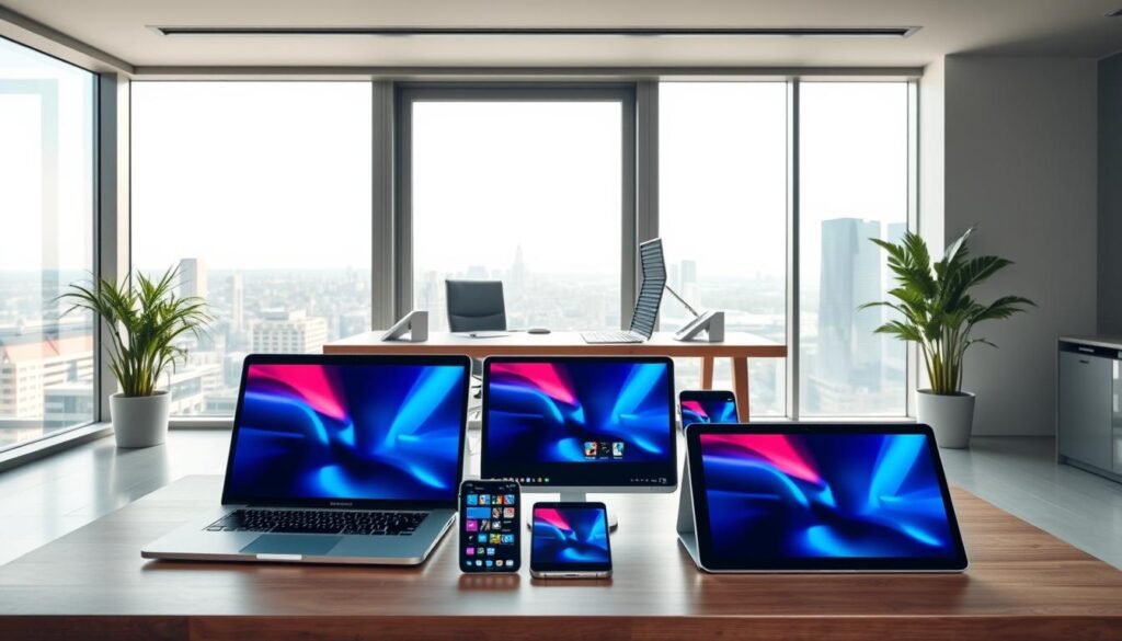 a stunning, high-quality digital product display in a modern, minimalist office setting. the foreground features an array of sleek, premium-looking devices such as a laptop, tablet, and smartphone, all showcasing vibrant, high-resolution digital interfaces. the middle ground includes a clean, wooden desk with a modern ergonomic chair, creating a professional and productive atmosphere. the background depicts floor-to-ceiling windows overlooking a serene urban landscape, allowing natural light to flood the space and create a bright, airy ambiance. the overall scene conveys a sense of sophistication, innovation, and the power of high-quality digital tools to enhance productivity and user experience.