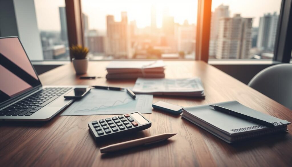 faisalskhan A modern and minimalist office workspace, with a wooden desk featuring a laptop, smartphone, and various financial management tools. In the foreground, a calculator, a pen, and a notebook with handwritten notes. In the middle ground, a graph chart and a stack of financial documents. In the background, a large window with a city skyline view, bathed in warm, natural lighting. The atmosphere is one of focus, organization, and efficiency, conveying the reliable and trustworthy nature of the financial management tools.