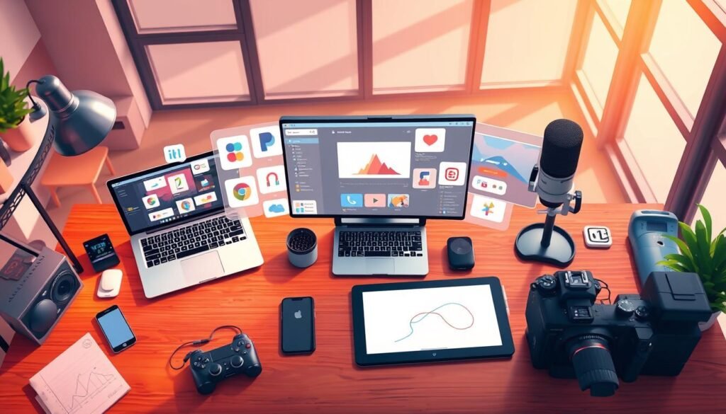 high-quality digital illustration of content creation tools, seen from a bird's eye view, with a warm, vibrant lighting and a clean, minimalist aesthetic. The foreground features a variety of devices such as a laptop, a smartphone, a DSLR camera, a microphone, and a drawing tablet, all arranged neatly on a wooden desk. The middle ground showcases various software icons and application windows, representing popular content creation apps like video editors, graphic design tools, and social media platforms. The background depicts a modern, airy workspace with large windows, allowing natural light to flood the scene. The overall composition conveys a sense of productivity, creativity, and the seamless integration of technology in the content creation process. faisalskhan