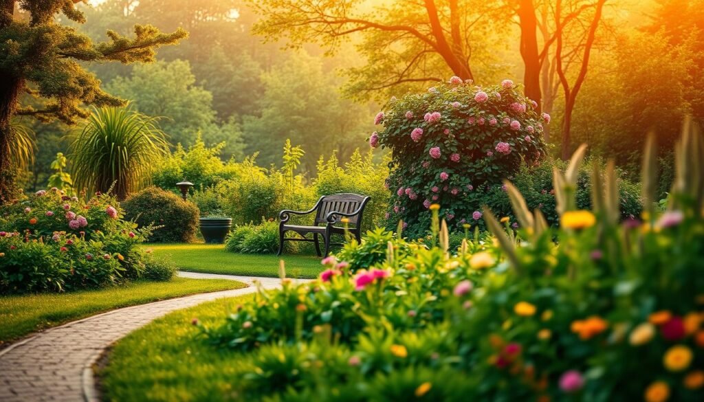 organic blog growth, a verdant landscape of lush foliage and flourishing plants, symbolizing the natural, gradual expansion of an online blog. The foreground features a meandering path, its edges lined with vibrant, blooming flowers in a variety of hues. In the middle ground, a wooden bench stands amidst a cluster of thriving bushes and vines, inviting the viewer to pause and observe the tranquil scene. The background gradually transitions into a dreamy, soft-focus forest, bathed in warm, golden-hour lighting that casts a gentle, ethereal glow over the entire composition. The overall atmosphere conveys a sense of peaceful, organic progression, mirroring the journey of building a successful blog without the aid of social media.