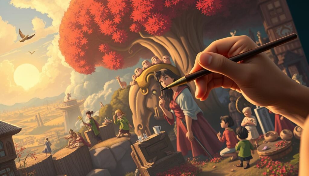 visual storytelling, a captivating narrative unfolding through compelling imagery. In the foreground, a skilled illustrator's hand, wielding a digital brush, paints a vibrant scene. The middle ground reveals a diverse cast of characters, each with a unique story to tell, their expressions and gestures conveying emotion and depth. In the background, a dreamlike landscape unfolds, with fanciful elements and subtle visual cues that draw the viewer deeper into the narrative. Soft, warm lighting casts a gentle glow, creating an inviting and immersive atmosphere. Captured through the lens of faisalskhan, this image showcases the power of visual storytelling to engage, inspire, and captivate.